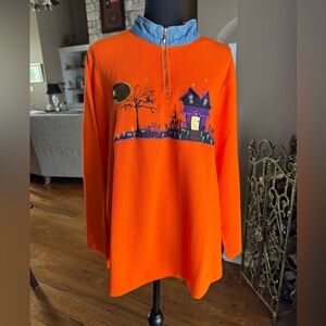 Vintage White Stag Halloween Pullover with‎ Denim Collar